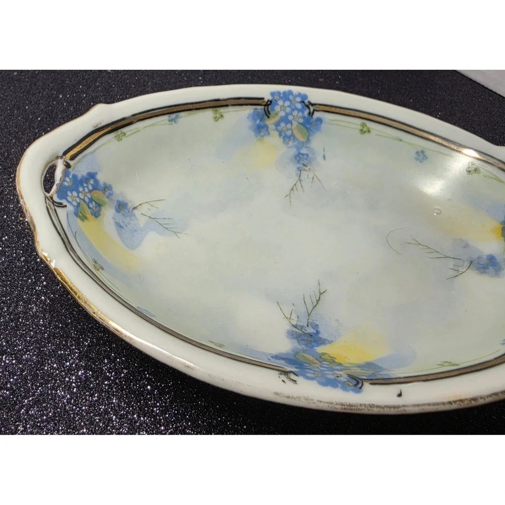 Te-Oh China Hand Painted Nippon Forget Me Not Floral Nut Bowl Gold Trim Oval